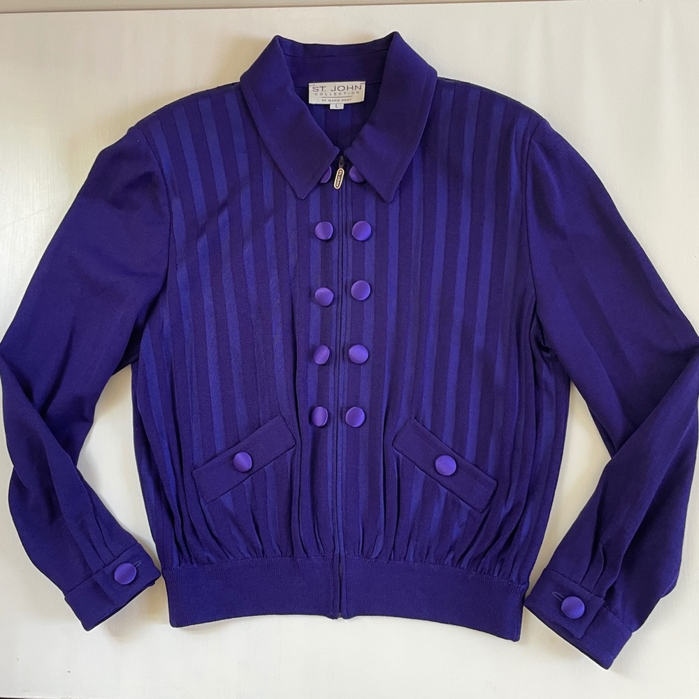 St John Santana Knit Jacket Women Royal Purple Y2K Large Old Money Preppy Logo - Picture 2 of 16